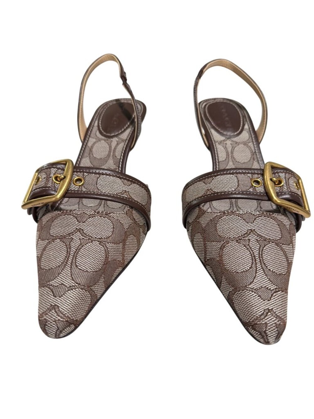 Coach Brown Signature Canvas Slingback Kitten Heels With Gold Buckle - Size 8 - Picture 2 of 10